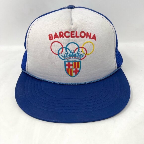 Vintage Barcelona Olympics 1992 Mesh Trucker Hat Snapback Cap White Foam Blue - Picture 1 of 8
